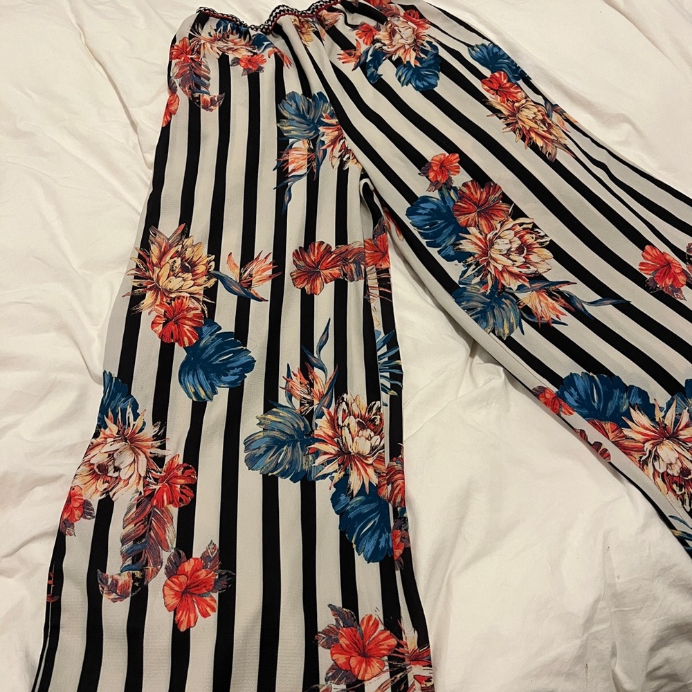 Black and White Striped Floral Pants